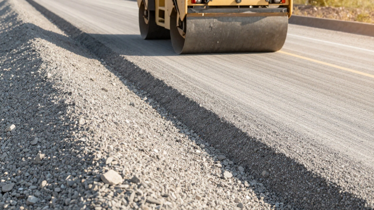 Дорожный грейдер и каток выравнивают и уплотняют основание из щебня