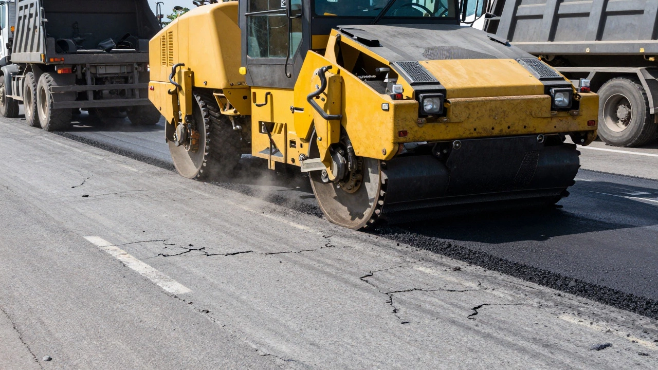 Фрезеровочная машина снимает верхний слой старого дорожного покрытия