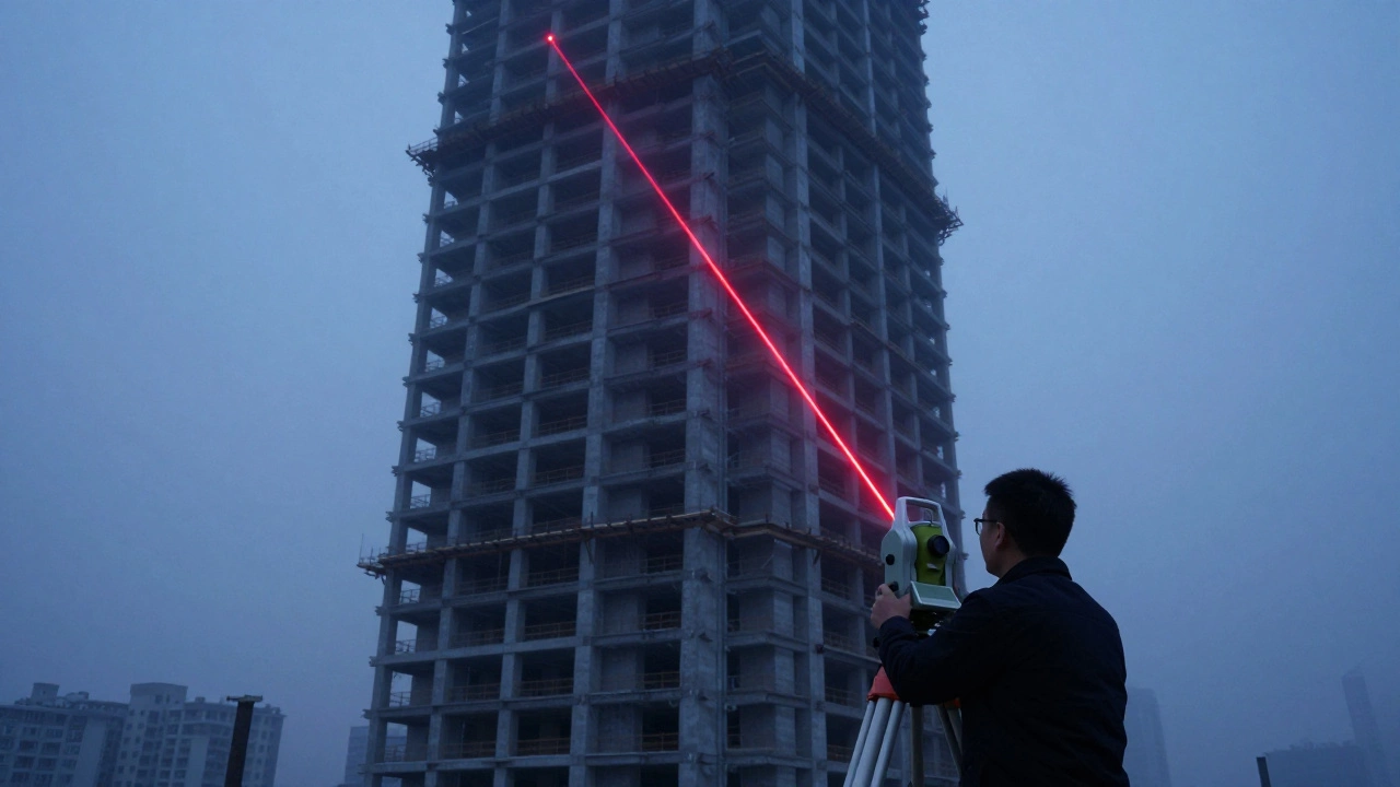 Геодезист использует электронный тахеометр с лазерным лучом на стройке небоскреба
