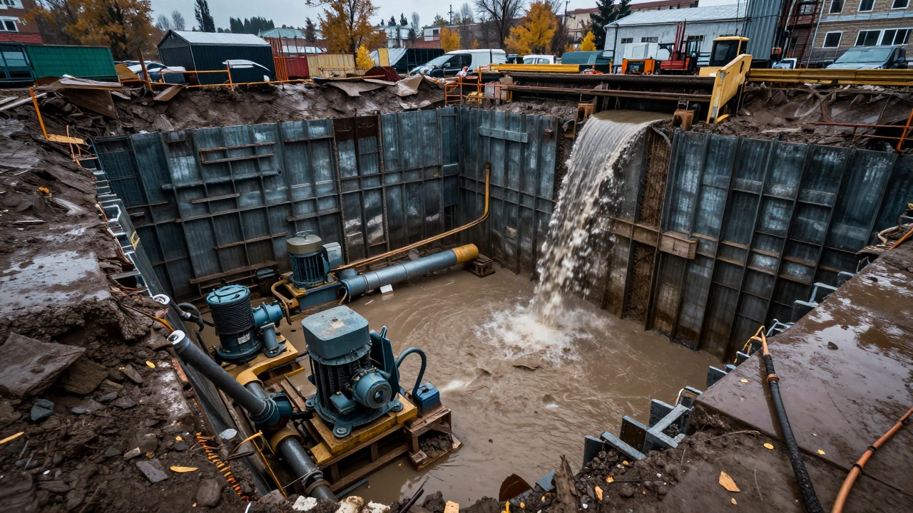 Глубокий котлован со шпунтовым ограждением и системой откачки воды