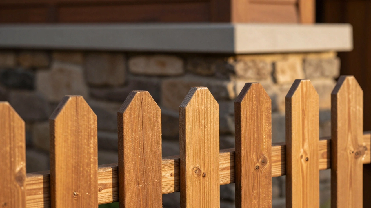 Крупный план деревянного забора на прочном каменном фундаменте в лучах солнца