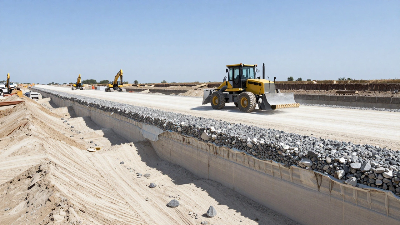 Процесс капитального ремонта дороги с выравниванием основания грейдером