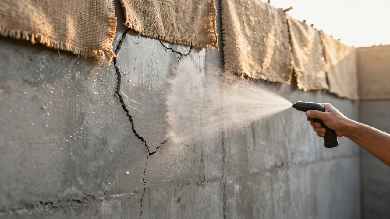 Процесс увлажнения бетонной стены для предотвращения трещин