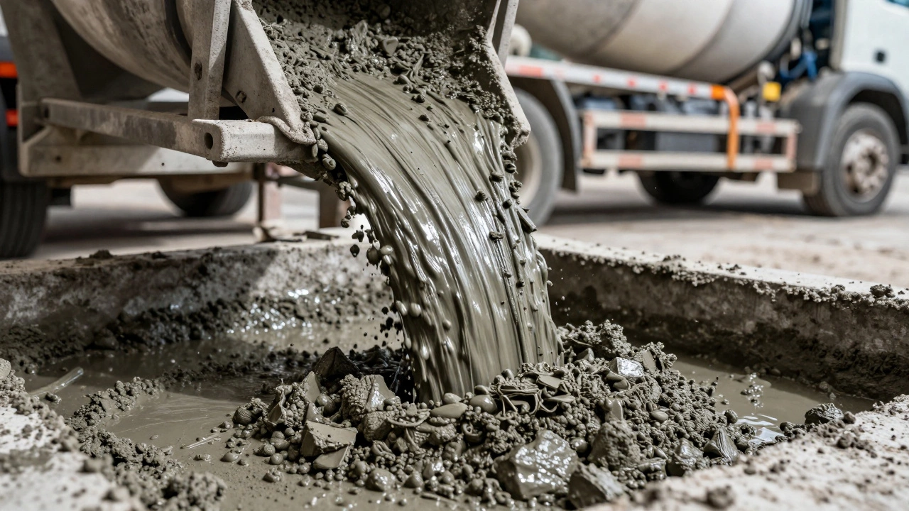 Процесс заливки свежего бетона из миксера в опалубку