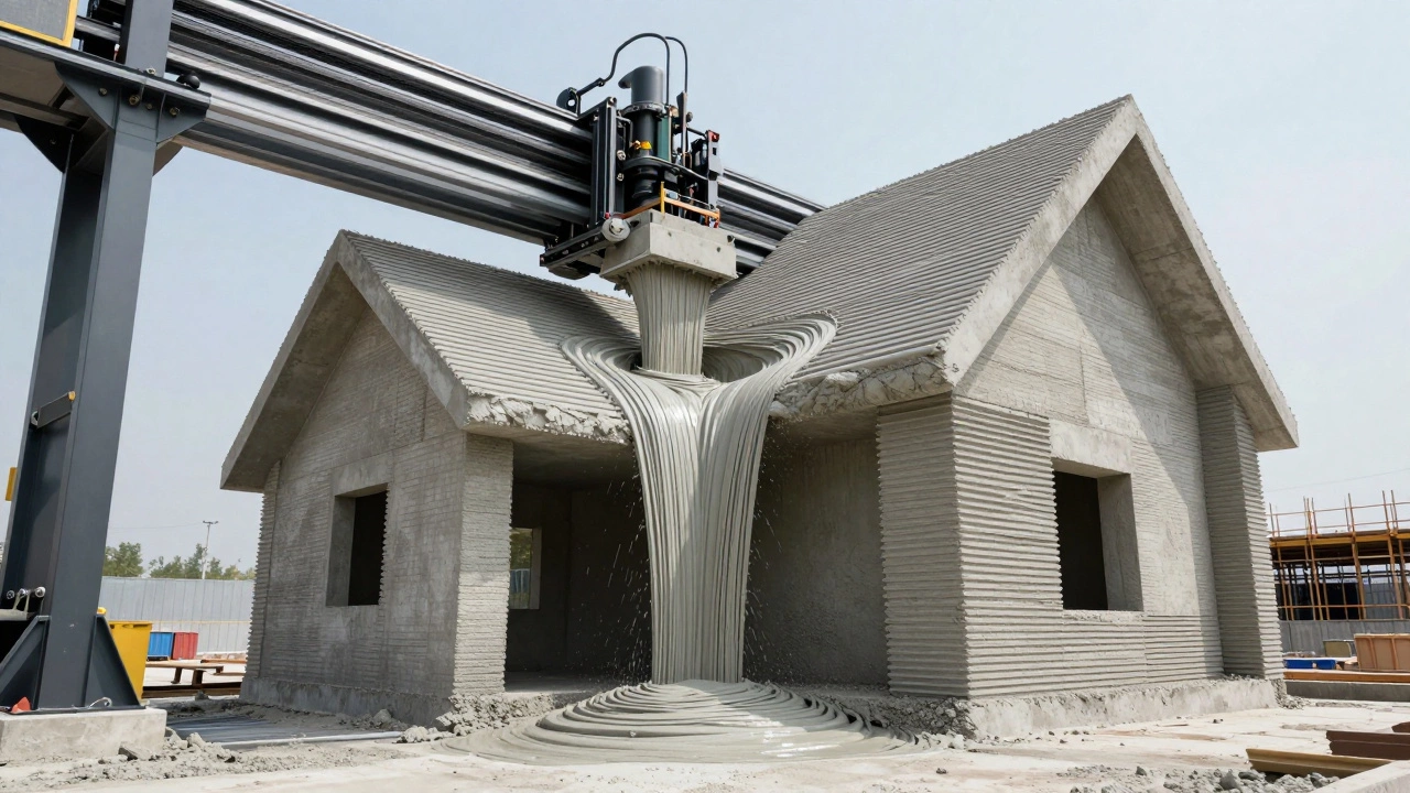 Промышленный 3D-принтер печатает изогнутую стену дома из специальной бетонной смеси