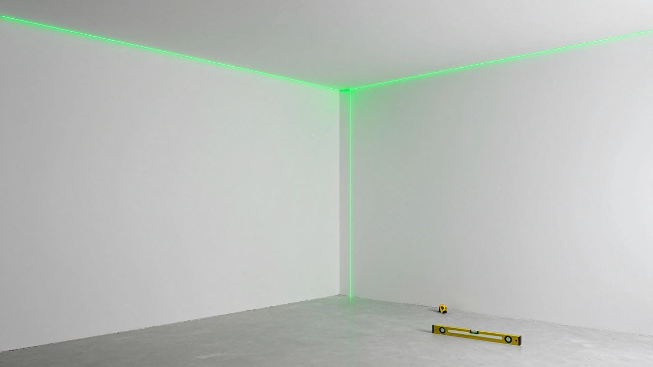 Работа лазерного уровня, проецирующего разметку на стены в комнате при ремонте