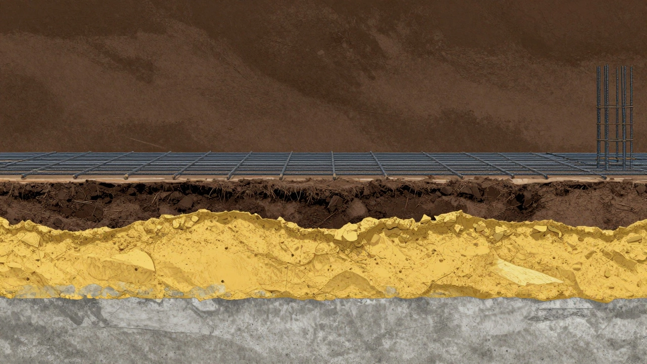 Схема слоев основания фундамента: песчаная подушка и подбетонка