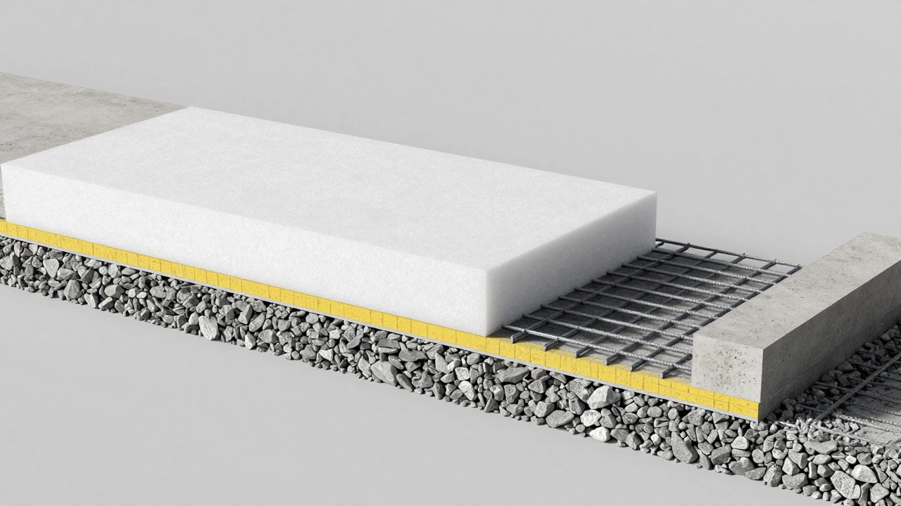 Схема слоев пола: щебень, утеплитель и армированный бетон