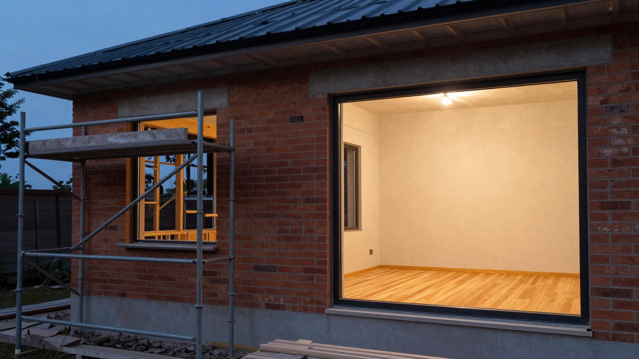 House exterior under construction with view into finished interior