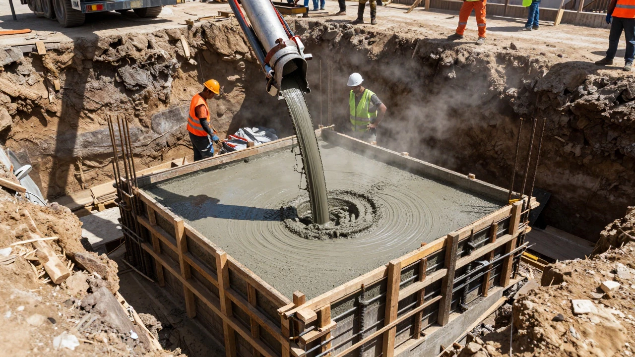 Workers pouring concrete into a reinforced foundation pit